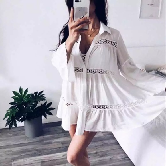 White Boho Button Up Long Sleeve Coverup Top - Picture 2 of 5